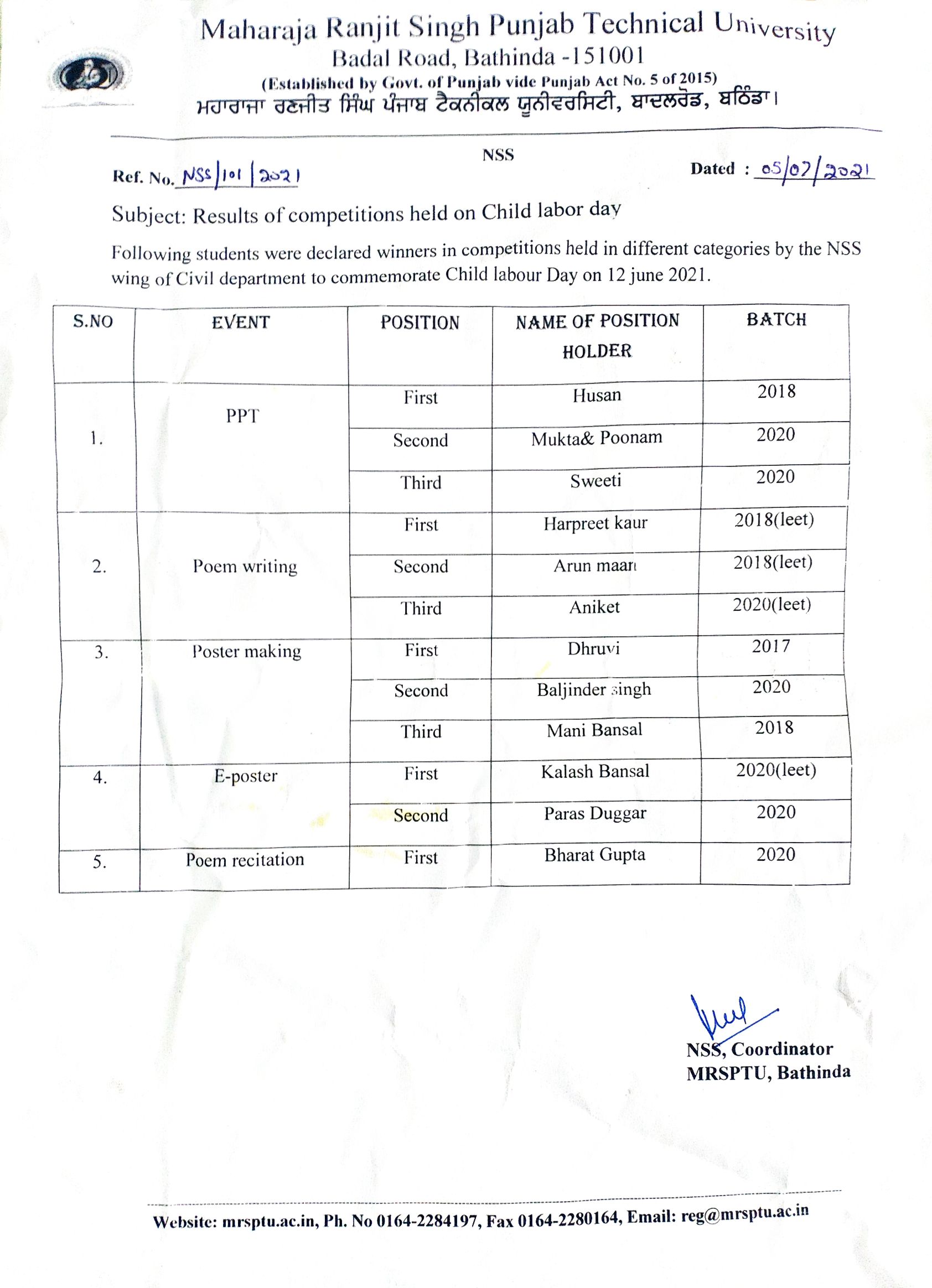 Results of various competitions held on Child Labour Day organized by NSS wing of Civil Engineering Department for its students 